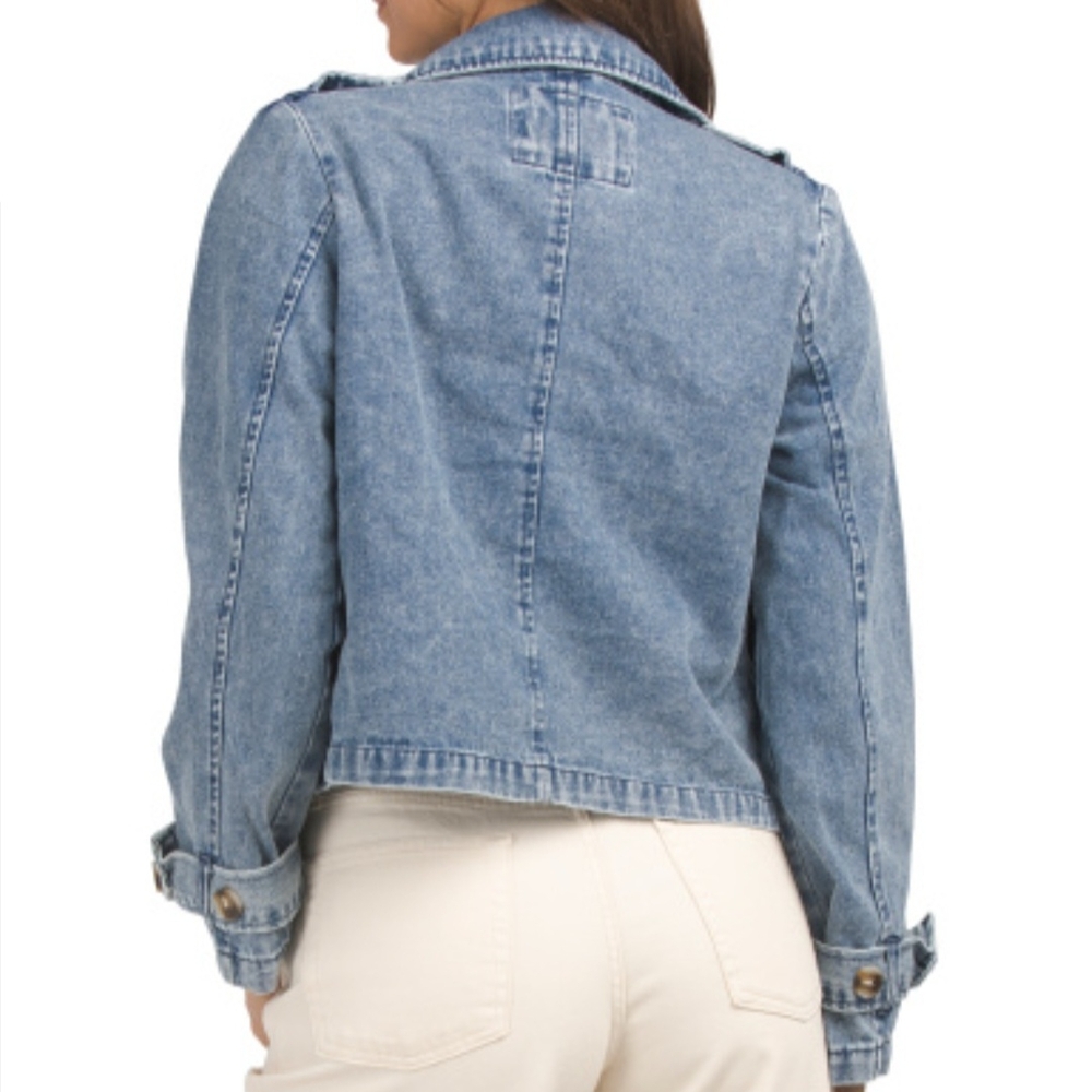 Women's Blue Denim Crop Trench Style Jacket Stoosh Vintage NWT Small